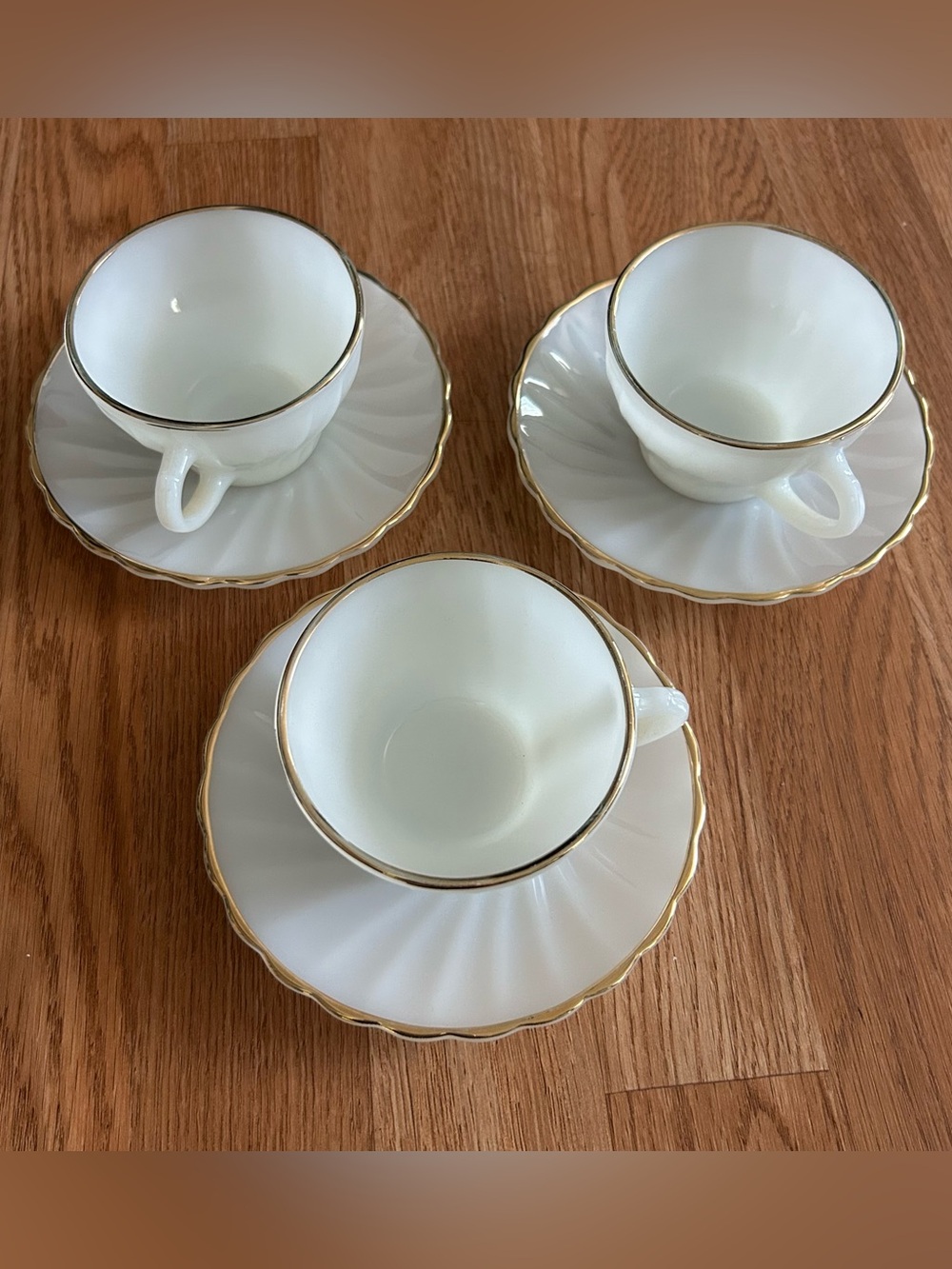 Anchor Hocking White Glass Tea Cup & Saucer Set with Gold Trim set of 3